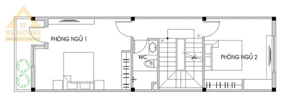 Bản vẽ autocad mặt bằng nhà phố có tiểu cảnh xanh 3 tầng diện tích 5x20m với tầng 2 bố trí 2 phòng ngủ